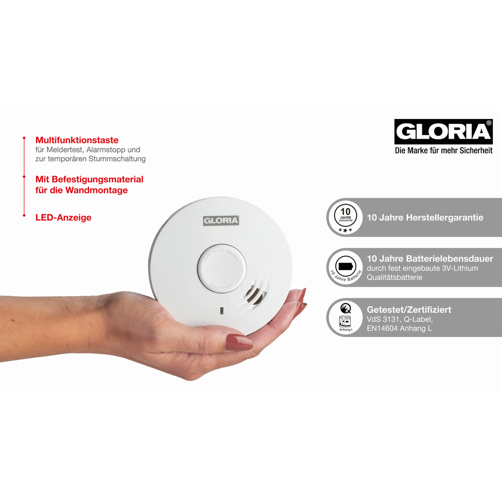 GLORIA Rauchwarnmelder R-10, 10-Jahres-Lithium-Batterie, 10 Jahre Herstellergarantie, Q-Label