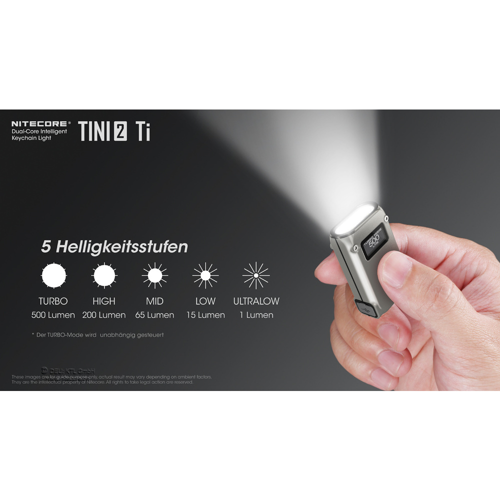 Nitecore LED-Handlampe TINI 2 Titanium, max. 500 lm, 89 m Reichweite, OLED-Display