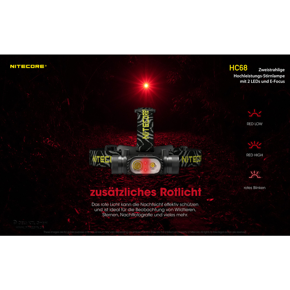 Nitecore LED-Stirnleuchte HC68, Nah- & Fernlicht, LED-Rotlicht, 1800 lm, 202 m Reichweite, IP68