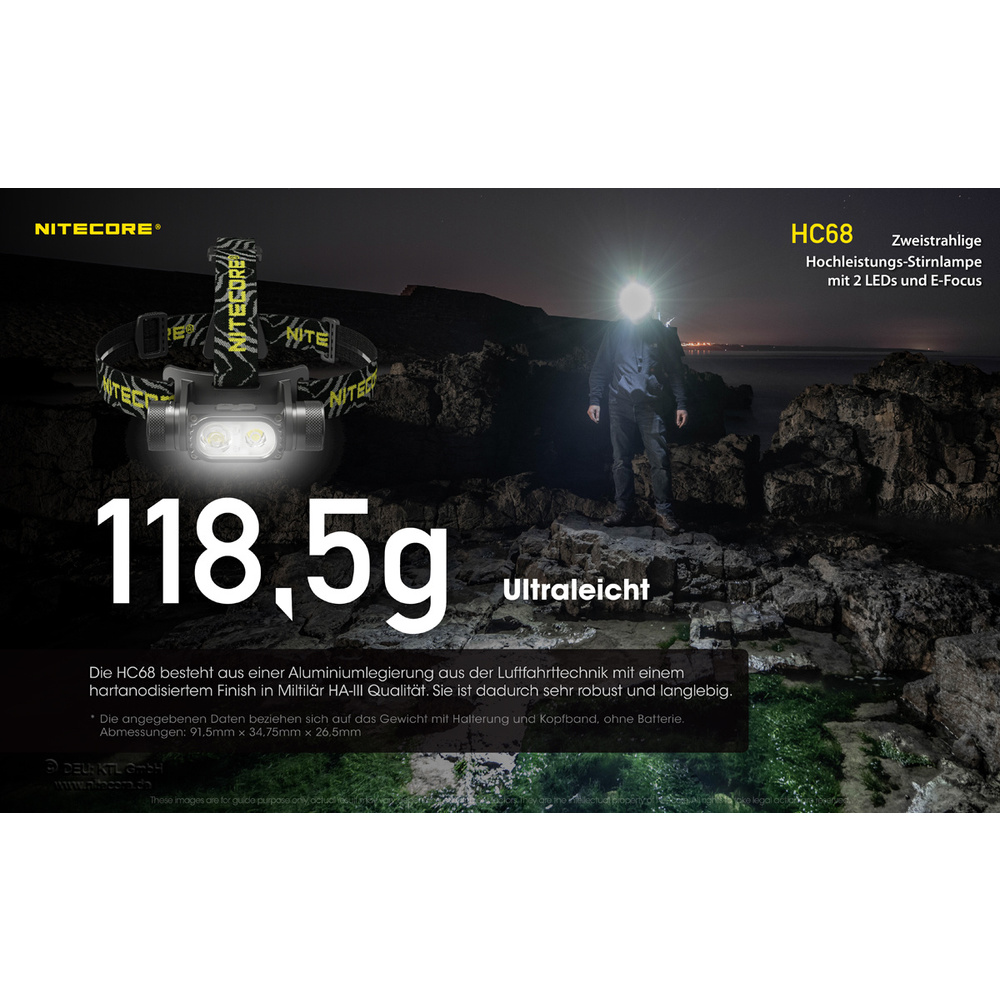 Nitecore LED-Stirnleuchte HC68, Nah- & Fernlicht, LED-Rotlicht, 1800 lm, 202 m Reichweite, IP68
