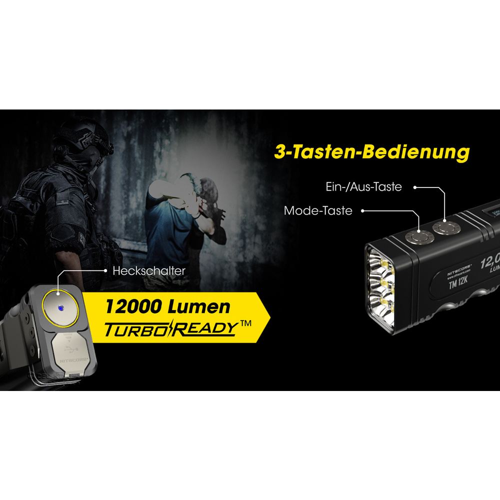 Nitecore Hochleistungs-LED-Taschenlampe TM12K, max. 12000 lm, 250 m Leuchtweite, OLED-Display, IP68