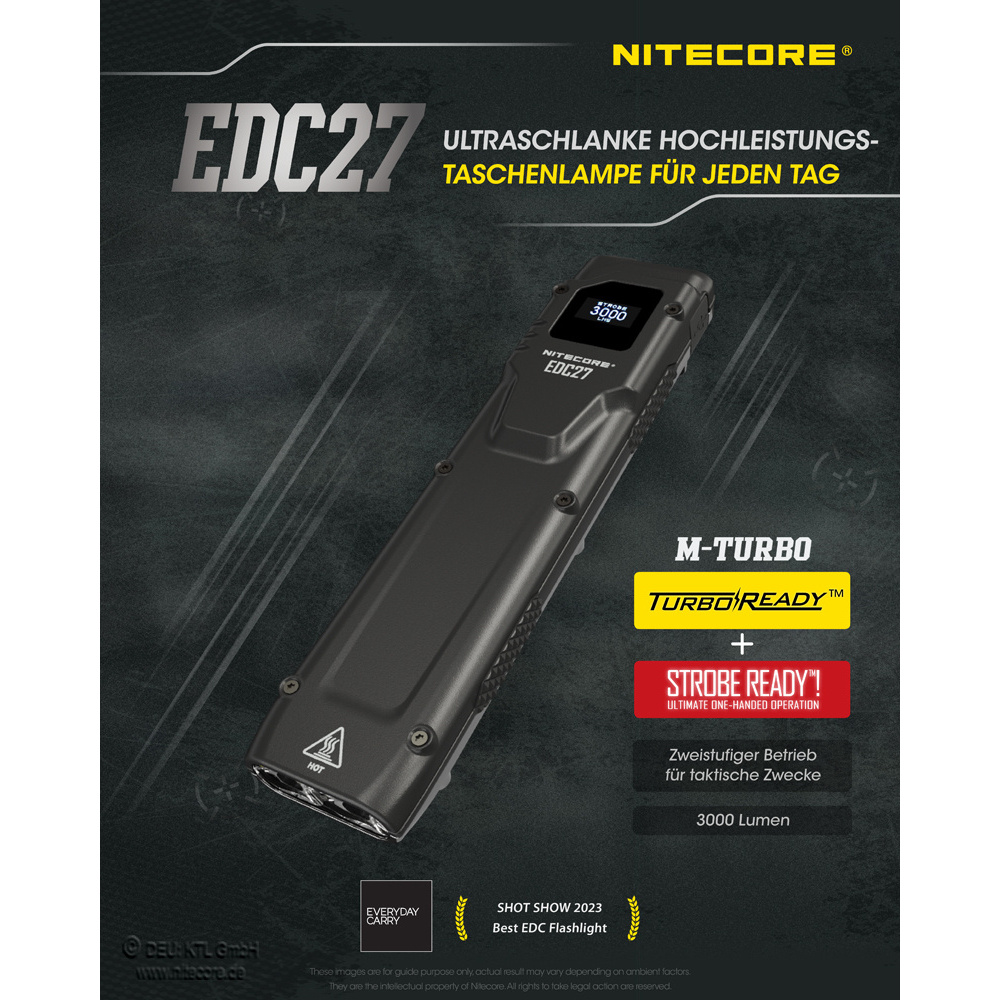 Nitecore LED-Taschenlampe EDC27, max. 3000 lm, 220 m Leuchtweite, OLED-Display, IP54