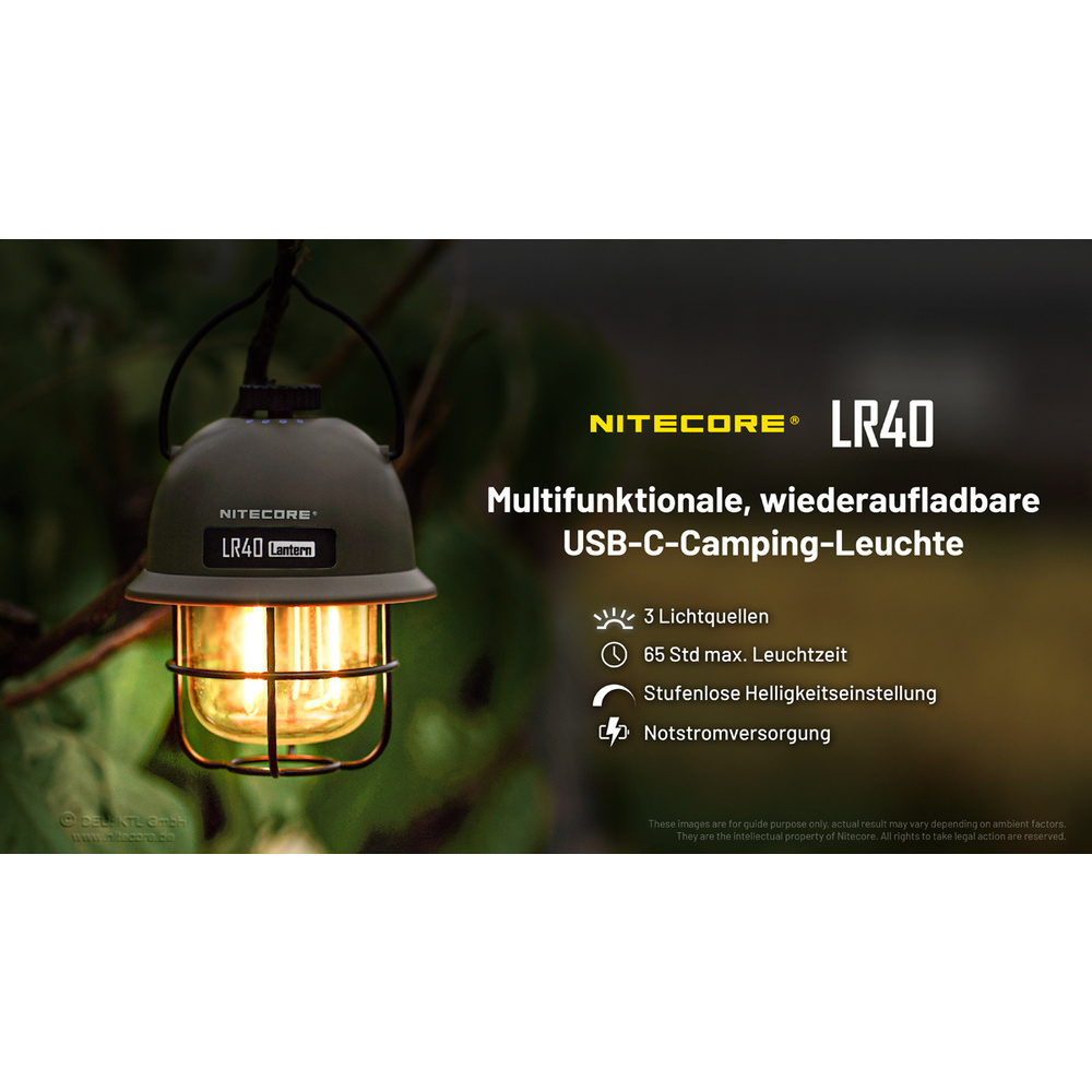 Nitecore Akku-LED-Campingleuchte LR40, max. 100 lm, 360° Abstrahlwinkel, Powerbank-Funktion