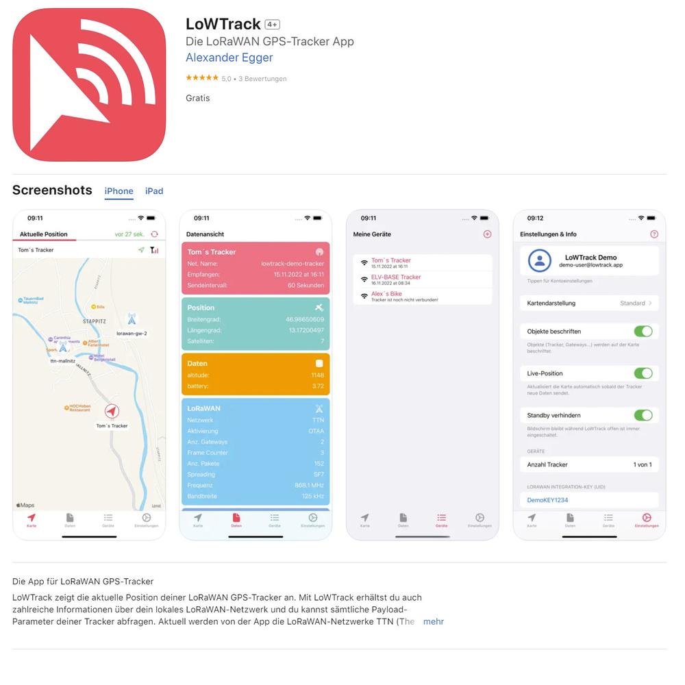 Positionsmelder - LoRaWAN-GPS-Tracker-App LoWTrack