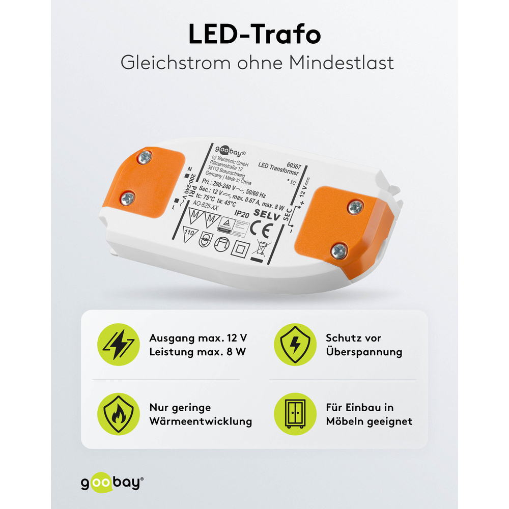 goobay LED-Netzteil / LED-Trafo, 8 W, 12 V DC, 0,67 A, Konstantspannung, IP20, ultraflach