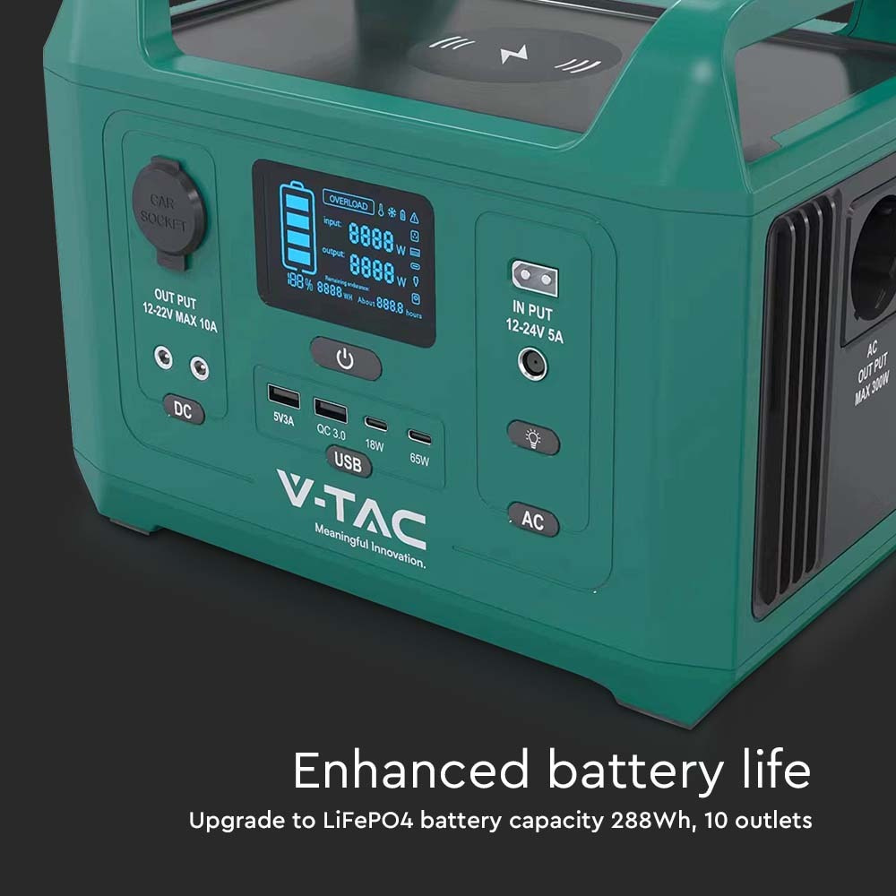 V-TAC LiFePO4-Stromspeicher VT-303N mit 288 Wh und 300 W Ausgangsleistung, 20 Ah/14,8 V