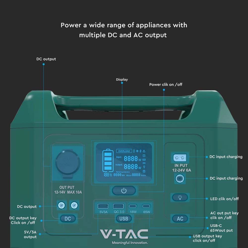 V-TAC LiFePO4-Stromspeicher VT-303N mit 288 Wh und 300 W Ausgangsleistung, 20 Ah/14,8 V