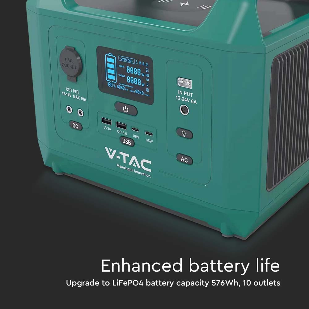 V-TAC LiFePO4-Stromspeicher VT-606N mit 576 Wh und 600 W Ausgangsleistung, 26,2 Ah/21,6 V