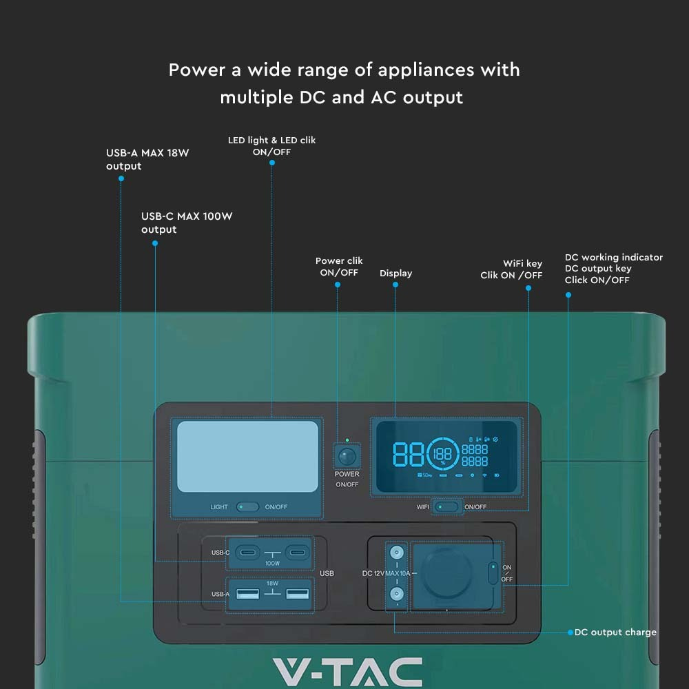 V-TAC LiFePO4-Stromspeicher VT-1001N mit 1024 Wh und 1000 W Ausgangsleistung, 46,9 Ah/22,4 V