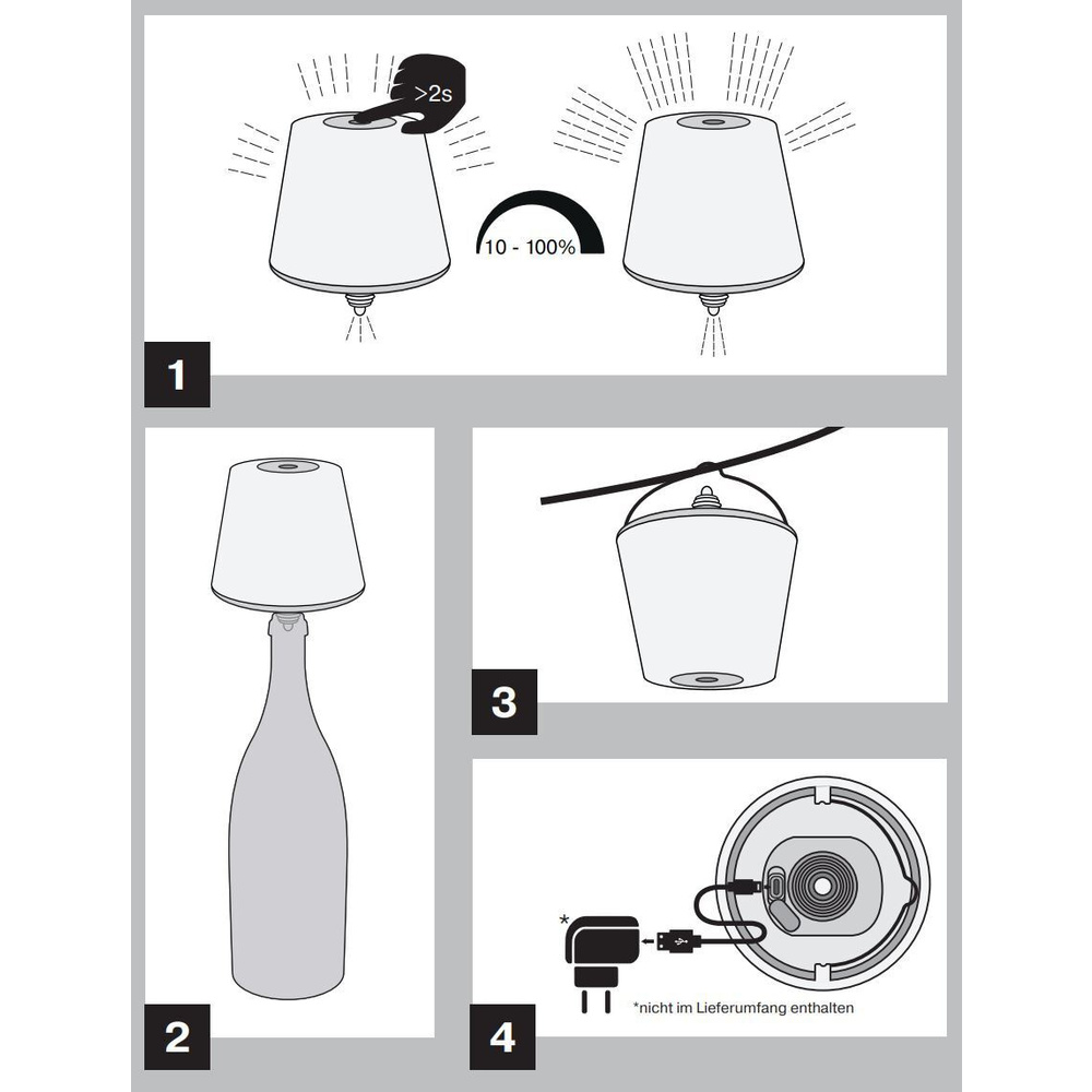 REV Akku-LED-Flaschenleuchte Lamprusco, warmweiß, 3000 K, 130 lm, Touch-Dimmer, IP54