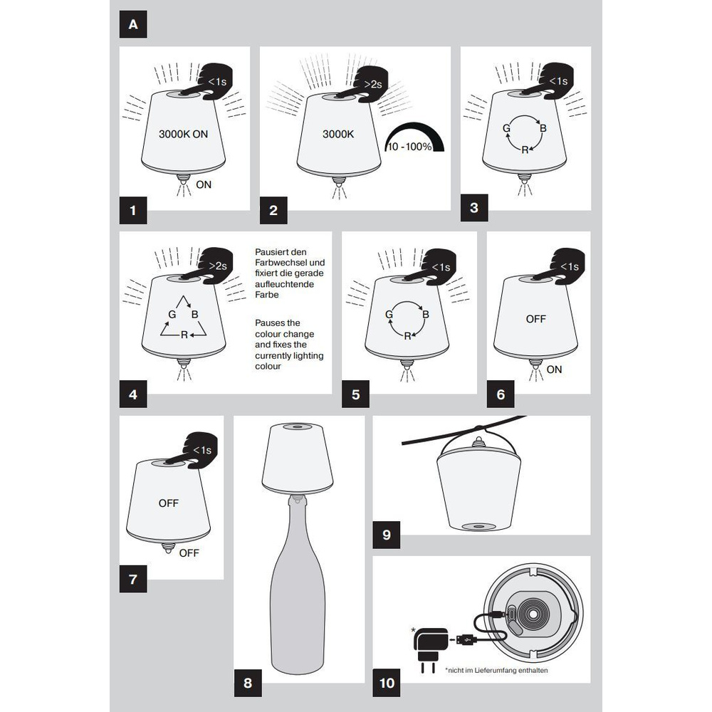 REV Akku-LED-Flaschenleuchte Lamprusco, RGBW, warmweiß, 3000 K, 130 lm, Touch-Dimmer, IP54