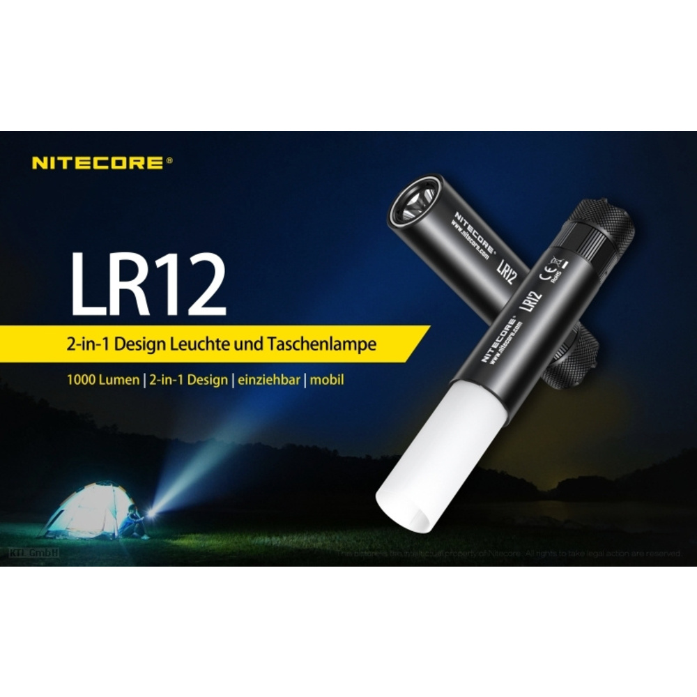 Nitecore LED-Campingleuchte LR12, max. 1000 lm, 166 m Leuchtweite, herausfahrbarer Diffusor