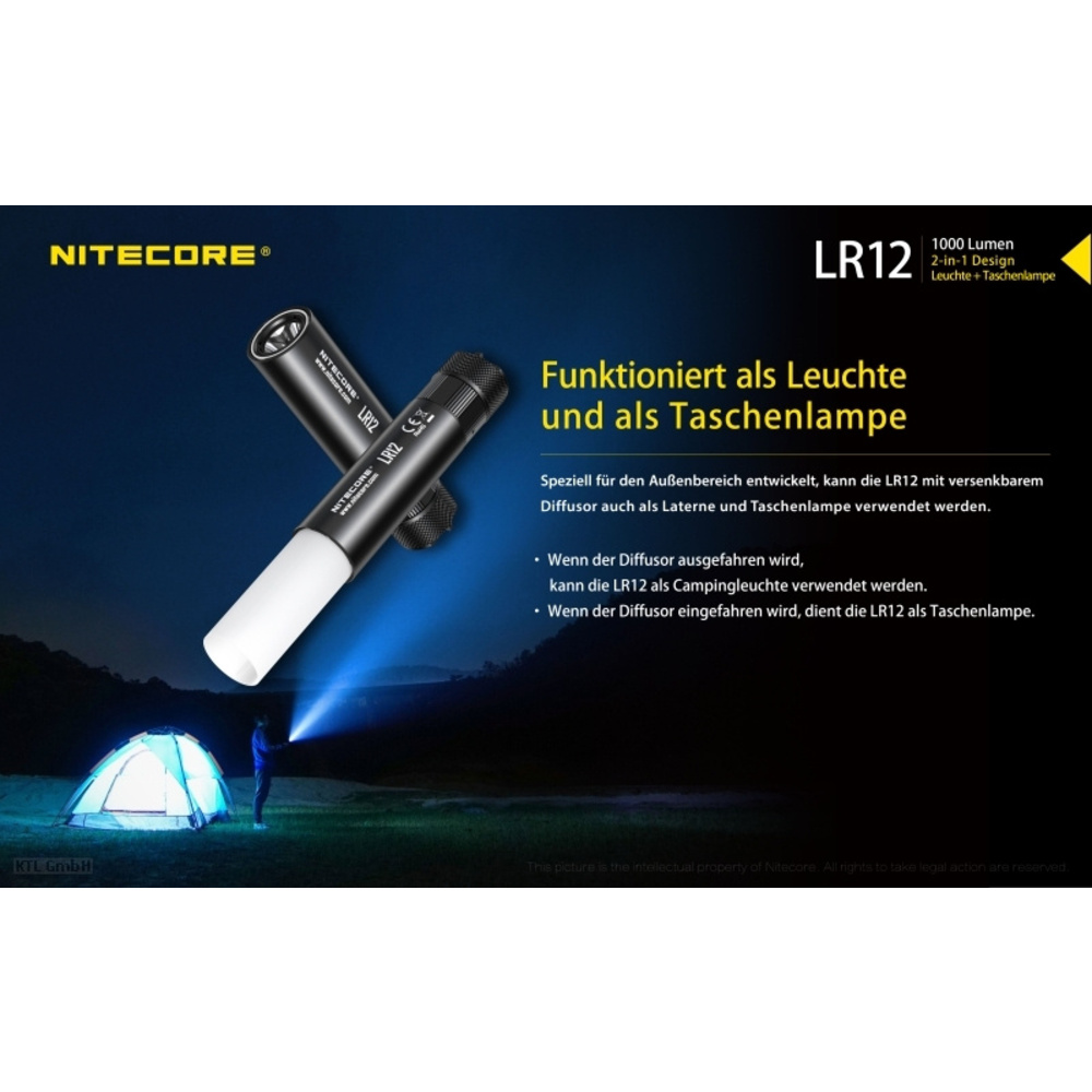 Nitecore LED-Campingleuchte LR12, max. 1000 lm, 166 m Leuchtweite, herausfahrbarer Diffusor