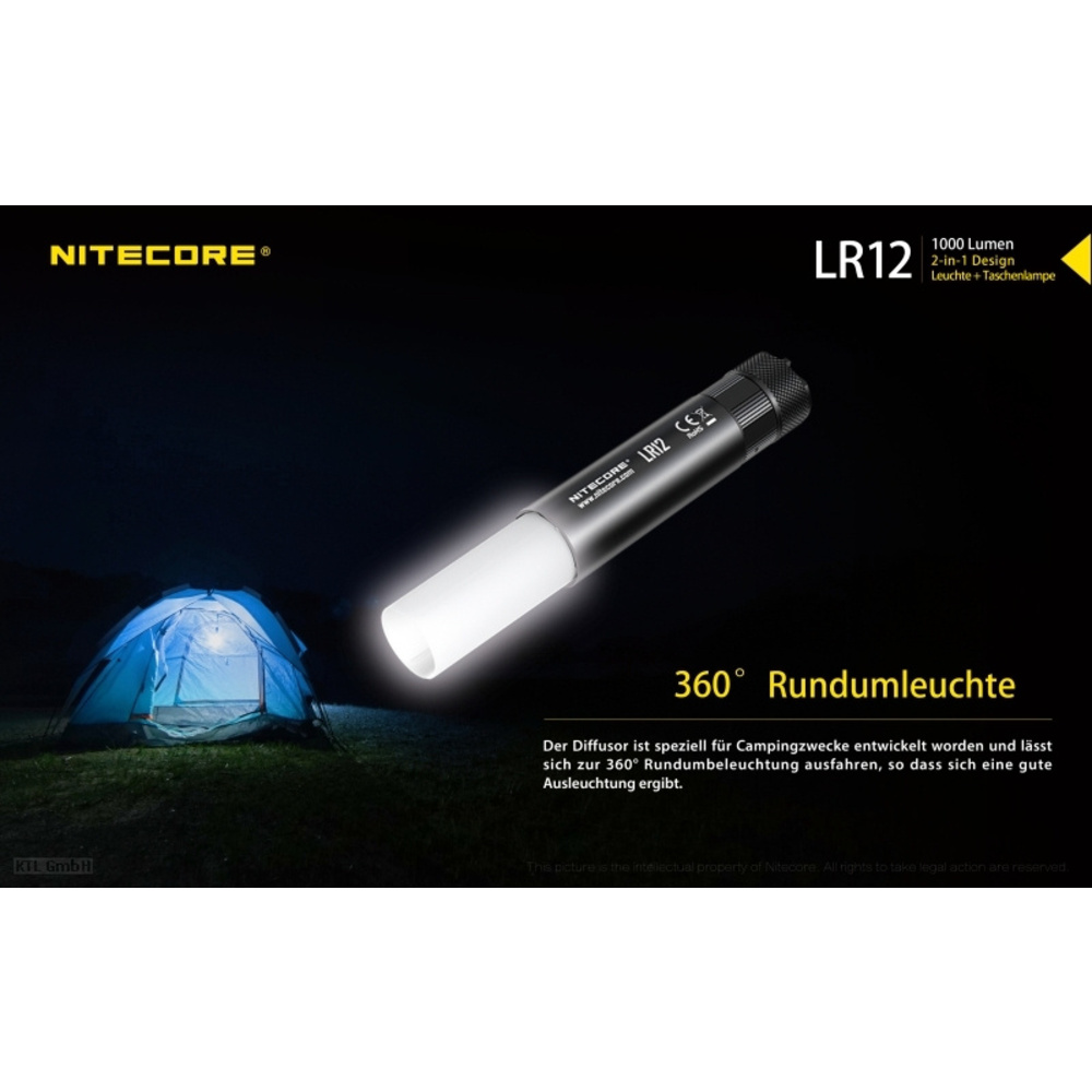 Nitecore LED-Campingleuchte LR12, max. 1000 lm, 166 m Leuchtweite, herausfahrbarer Diffusor