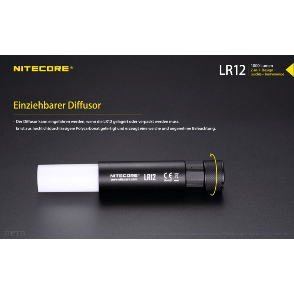 Nitecore LED-Campingleuchte LR12, max. 1000 lm, 166 m Leuchtweite, herausfahrbarer Diffusor