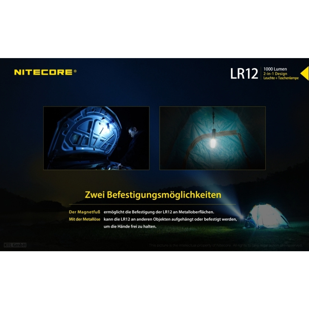 Nitecore LED-Campingleuchte LR12, max. 1000 lm, 166 m Leuchtweite, herausfahrbarer Diffusor