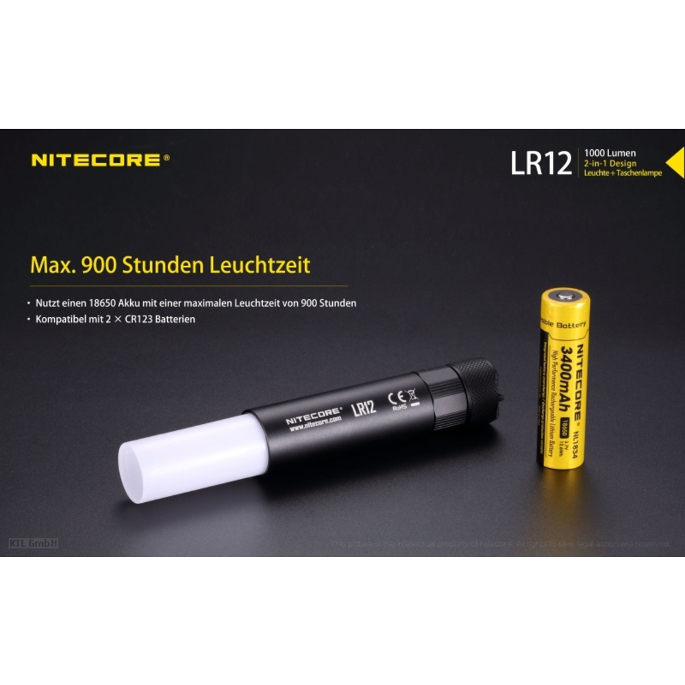 Nitecore LED-Campingleuchte LR12, max. 1000 lm, 166 m Leuchtweite, herausfahrbarer Diffusor