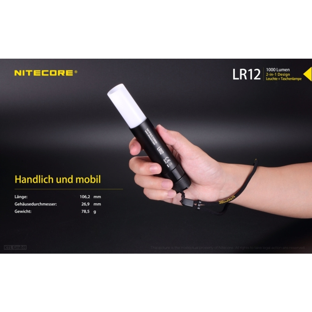 Nitecore LED-Campingleuchte LR12, max. 1000 lm, 166 m Leuchtweite, herausfahrbarer Diffusor