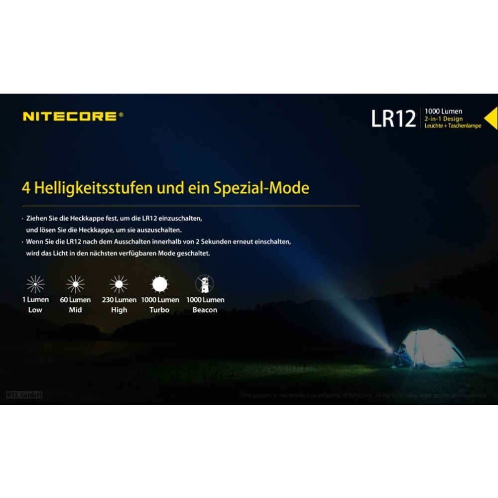 Nitecore LED-Campingleuchte LR12, max. 1000 lm, 166 m Leuchtweite, herausfahrbarer Diffusor