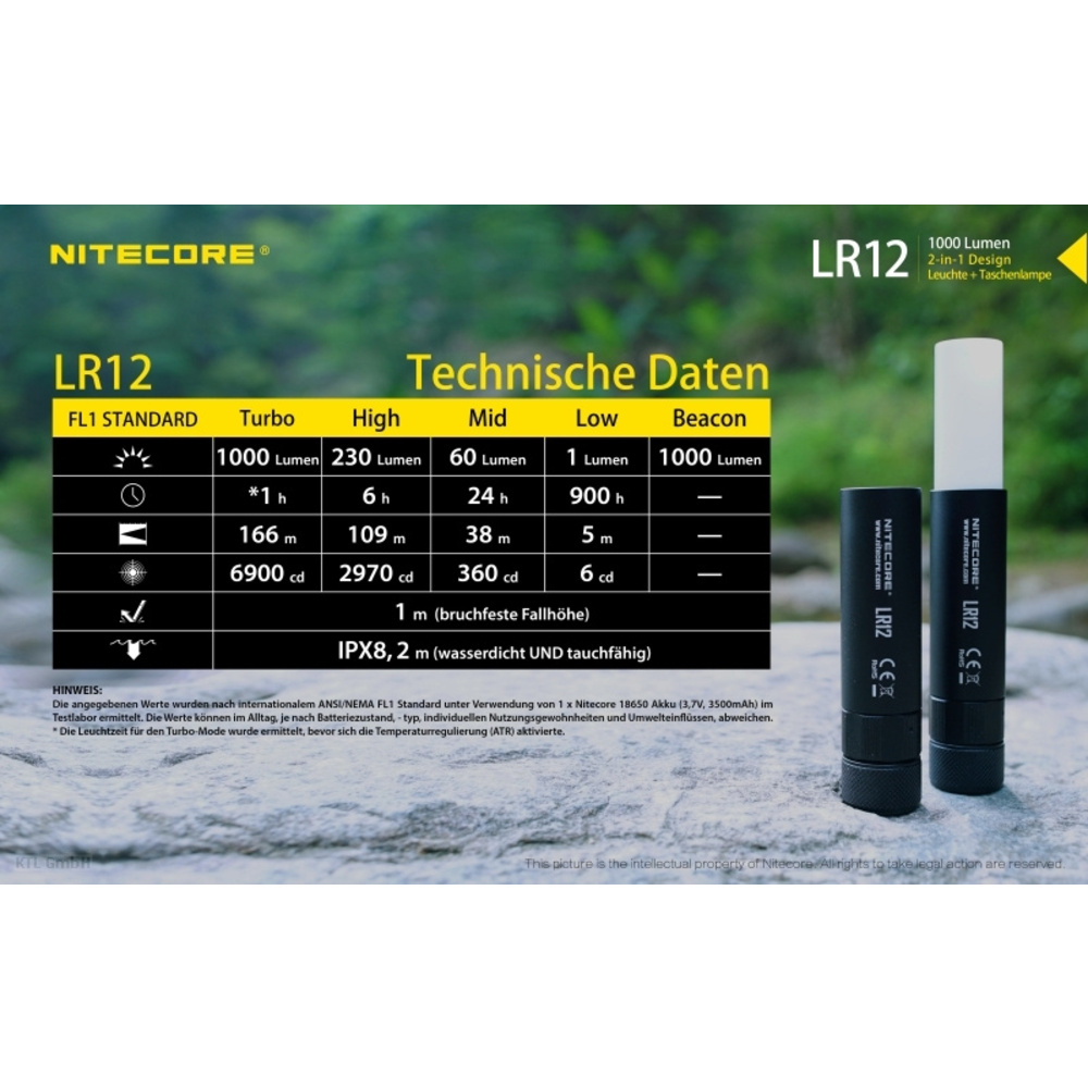 Nitecore LED-Campingleuchte LR12, max. 1000 lm, 166 m Leuchtweite, herausfahrbarer Diffusor