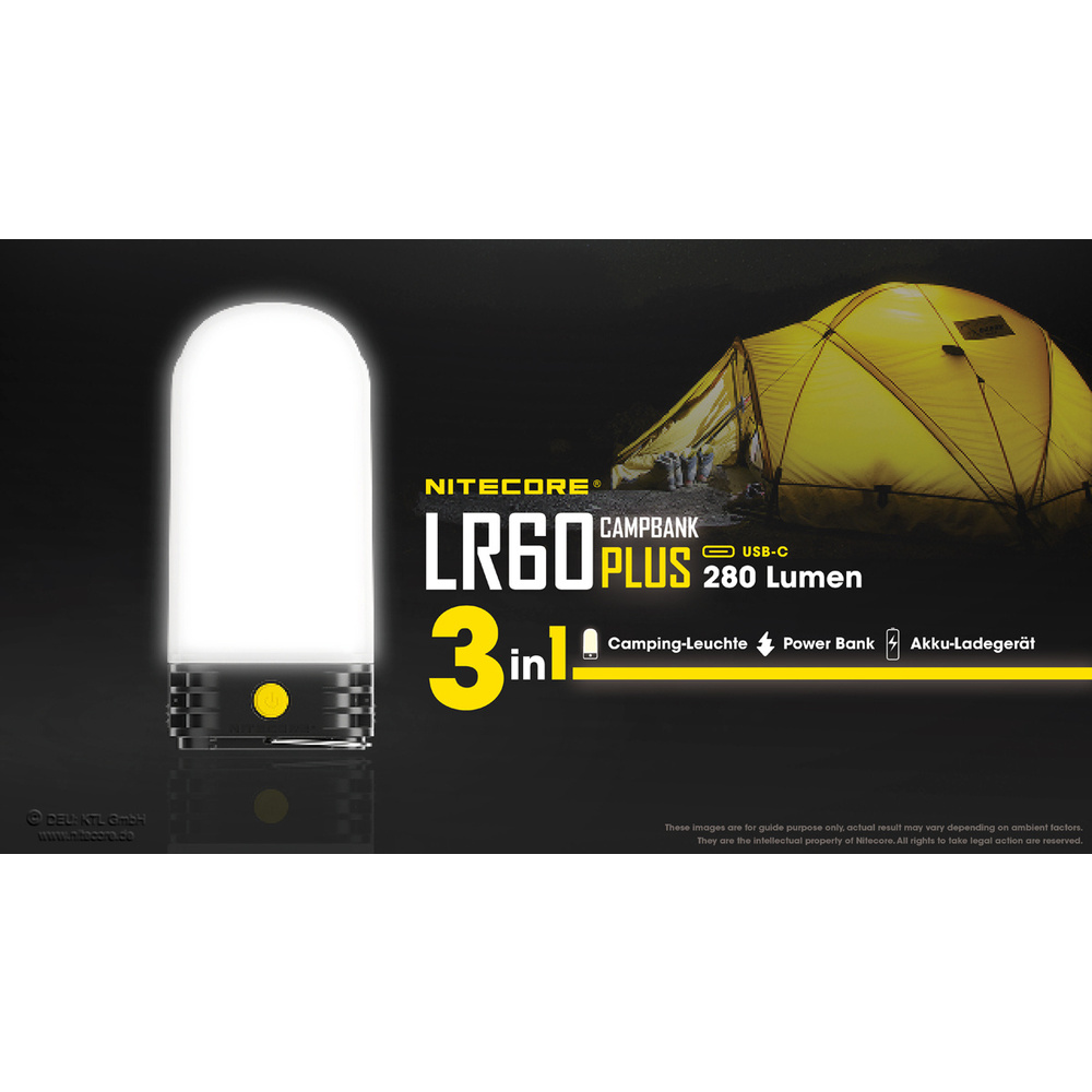 Nitecore 3-in-1-LED-Campingleuchte LR60, max. 280 lm, Powerbank-Funktion, Akkuladefunktion, IP66