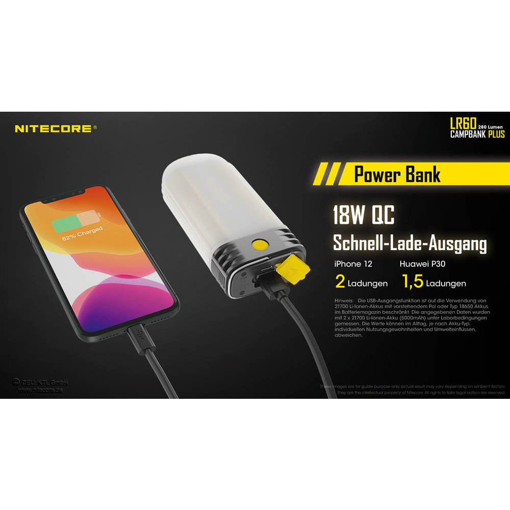 Nitecore 3-in-1-LED-Campingleuchte LR60, max. 280 lm, Powerbank-Funktion, Akkuladefunktion, IP66