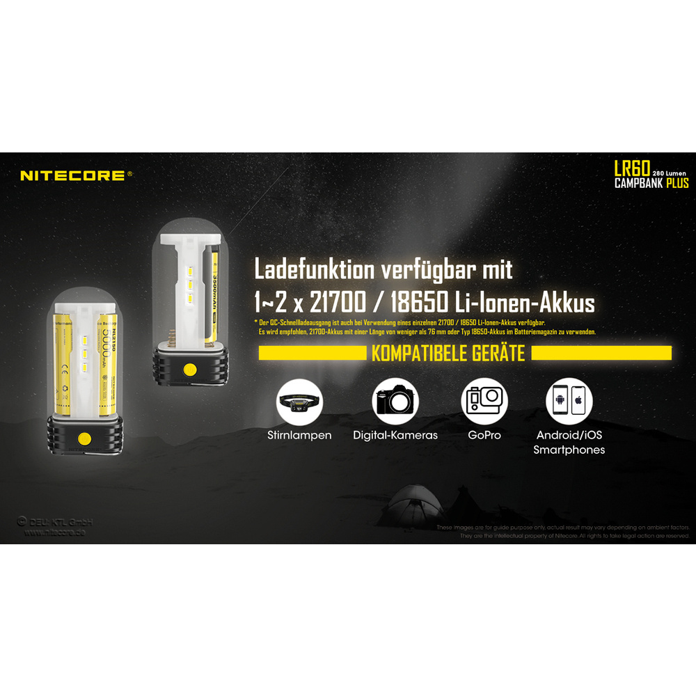 Nitecore 3-in-1-LED-Campingleuchte LR60, max. 280 lm, Powerbank-Funktion, Akkuladefunktion, IP66