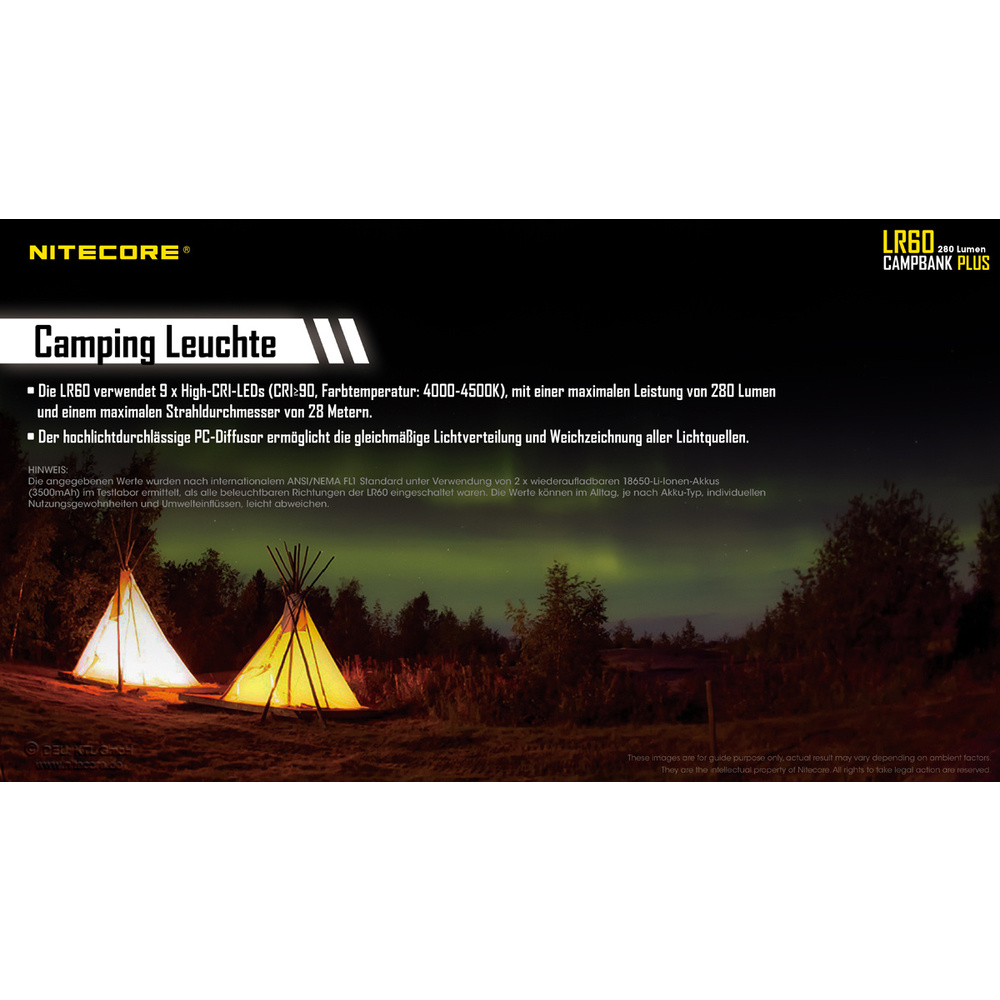 Nitecore 3-in-1-LED-Campingleuchte LR60, max. 280 lm, Powerbank-Funktion, Akkuladefunktion, IP66