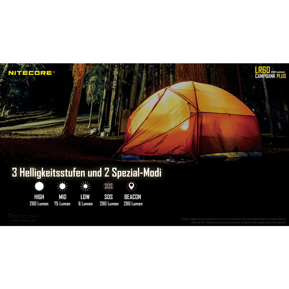 Nitecore 3-in-1-LED-Campingleuchte LR60, max. 280 lm, Powerbank-Funktion, Akkuladefunktion, IP66