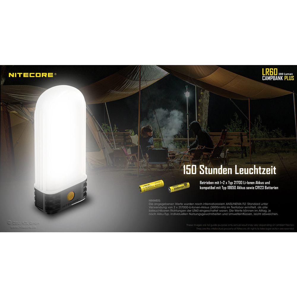 Nitecore 3-in-1-LED-Campingleuchte LR60, max. 280 lm, Powerbank-Funktion, Akkuladefunktion, IP66