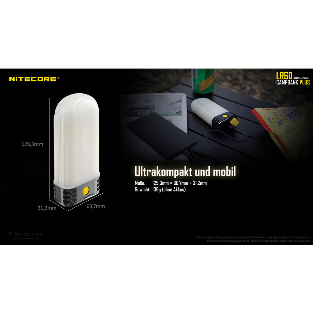 Nitecore 3-in-1-LED-Campingleuchte LR60, max. 280 lm, Powerbank-Funktion, Akkuladefunktion, IP66