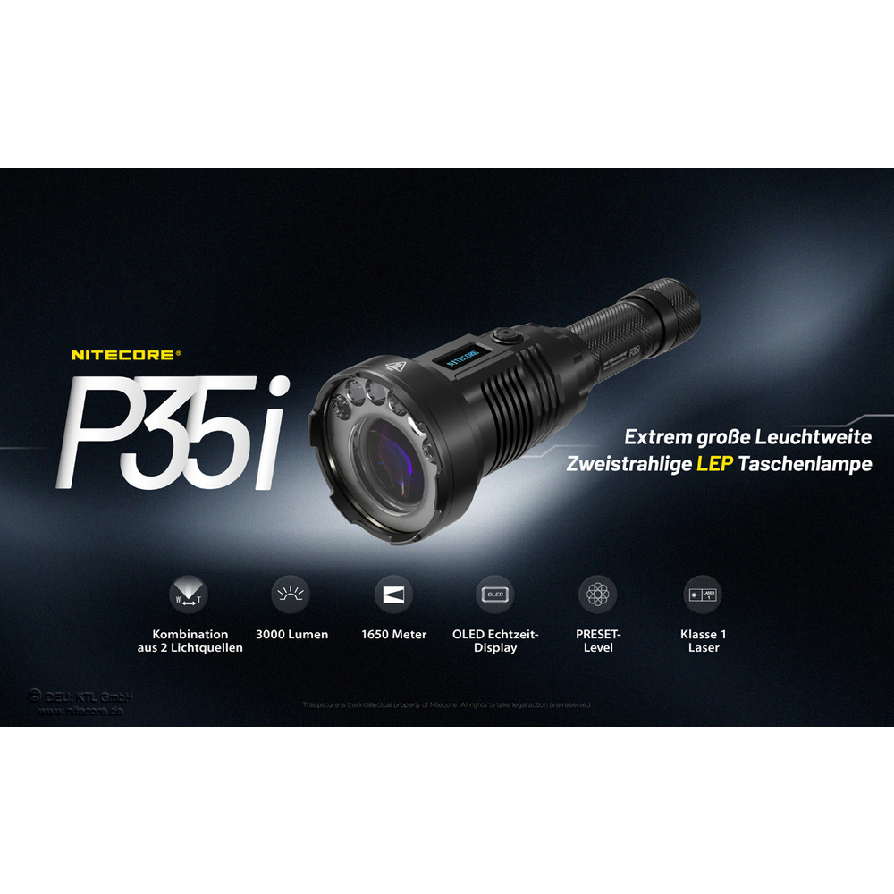 Nitecore LEP-Taschenlampe P35i, max. 3000 lm, bis zu 1650 m Leuchtweite, OLED-Display, IP68