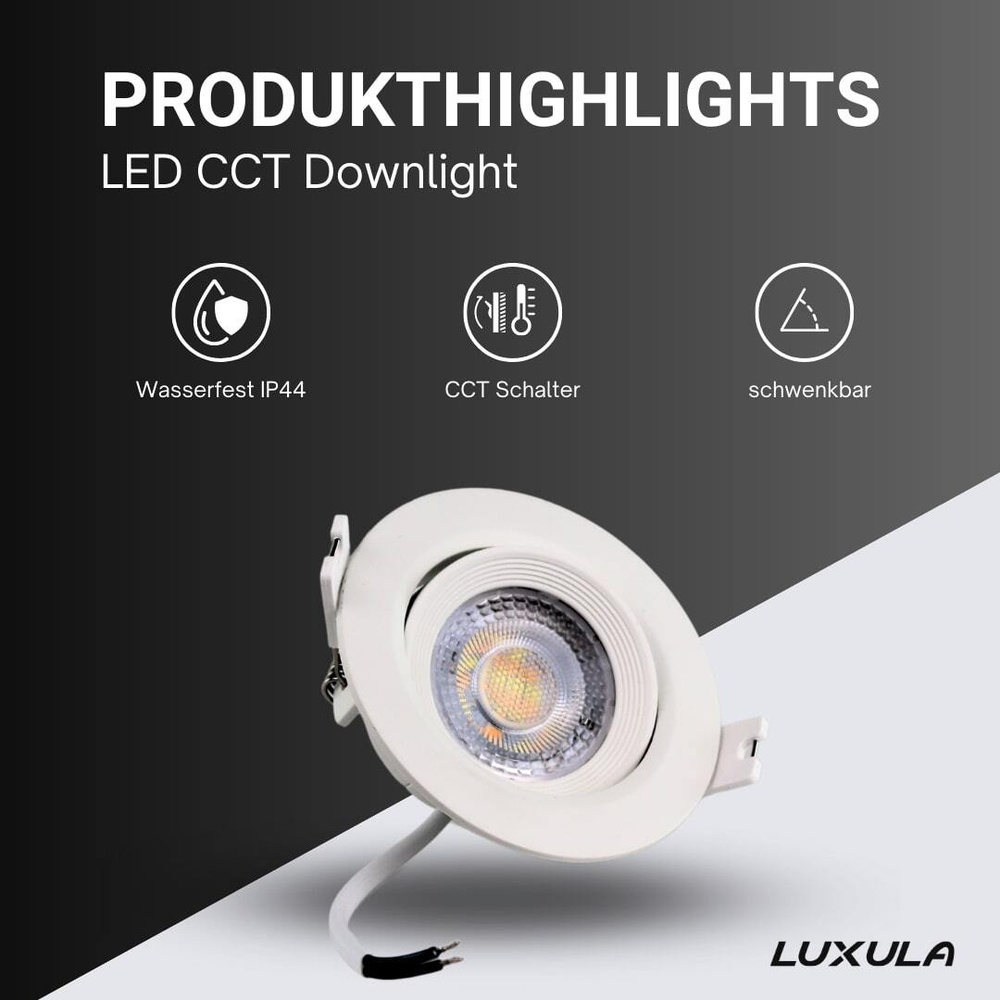 LUXULA 7-W-LED-Einbaustrahler mit CCT-Switch, 718  lm, 3000/4000/6000 K, schwenkbar, IP44
