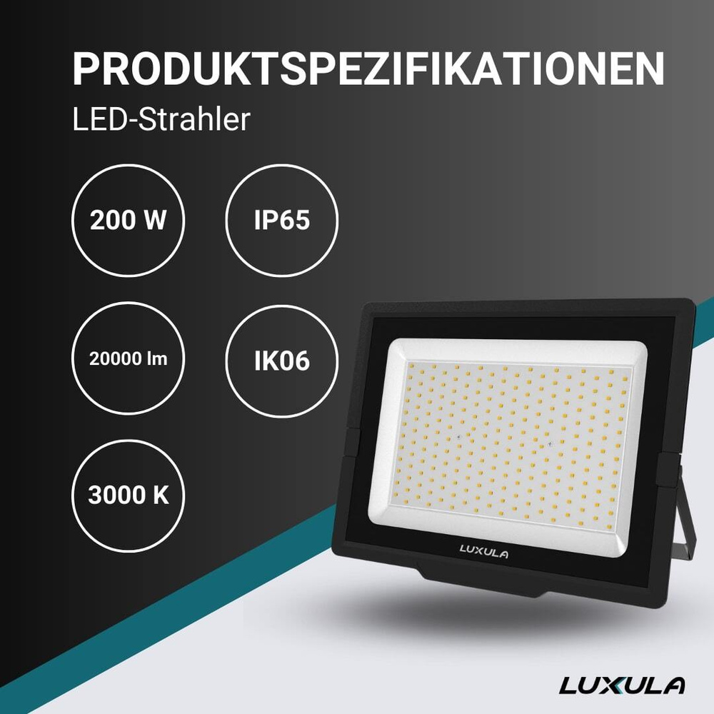 LUXULA 200-W-LED-Flutlichtstrahler, 20000 lm, 100 lm/W, 3000 K, warmweiß, IP65