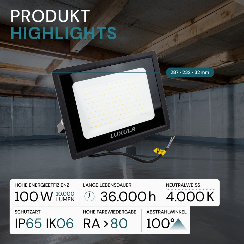 LUXULA 100-W-LED-Flutlichtstrahler, 10000 lm, 100 lm/W, 4000 K, neutralweiß, IP65