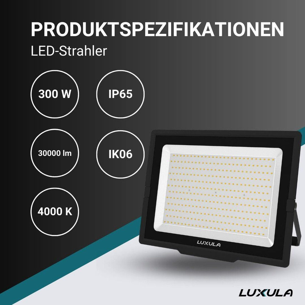 LUXULA 300-W-LED-Flutlichtstrahler, 30000 lm, 100 lm/W, 4000 K, neutralweiß, IP65