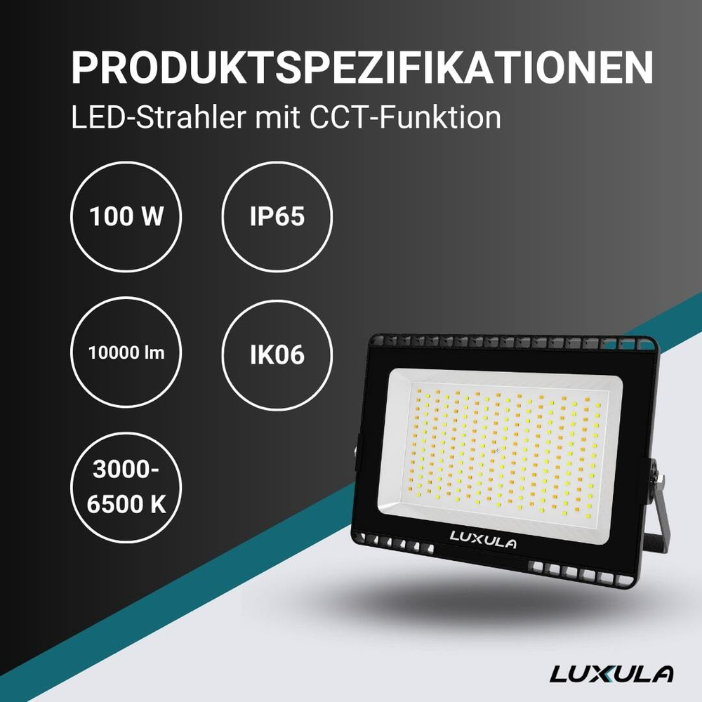 LUXULA 100-W-LED-Flutlichtstrahler mit CCT-Switch, 10000 lm, 100 lm/W, 3000/4000/6500 K, IP65