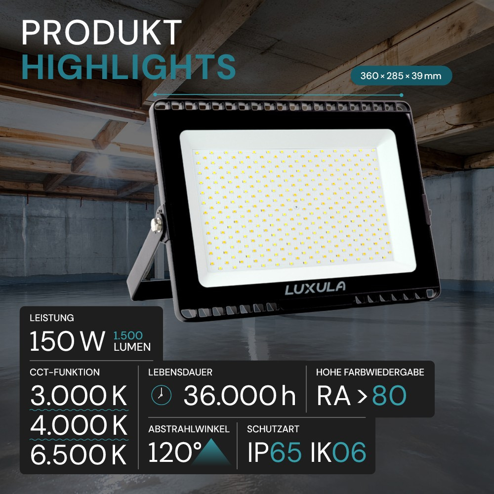 LUXULA 150-W-LED-Flutlichtstrahler mit CCT-Switch, 15000 lm, 100 lm/W, 3000/4000/6500 K, IP65