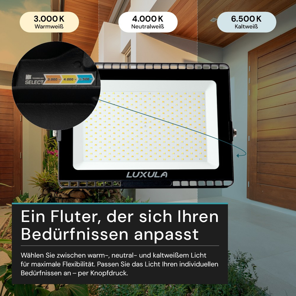 LUXULA 150-W-LED-Flutlichtstrahler mit CCT-Switch, 15000 lm, 100 lm/W, 3000/4000/6500 K, IP65