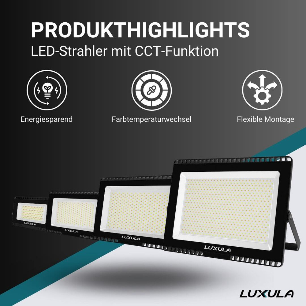 LUXULA 150-W-LED-Flutlichtstrahler mit CCT-Switch, 15000 lm, 100 lm/W, 3000/4000/6500 K, IP65