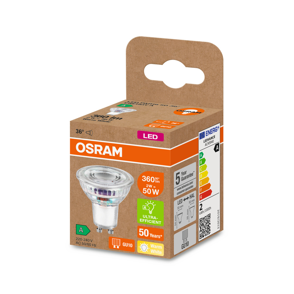 OSRAM Hocheffiziente 2-W-LED-Reflektorlampe SUPERSTAR+, GU10, 360 lm, 36 °, 2700 K, 180 lm/W, EEK A