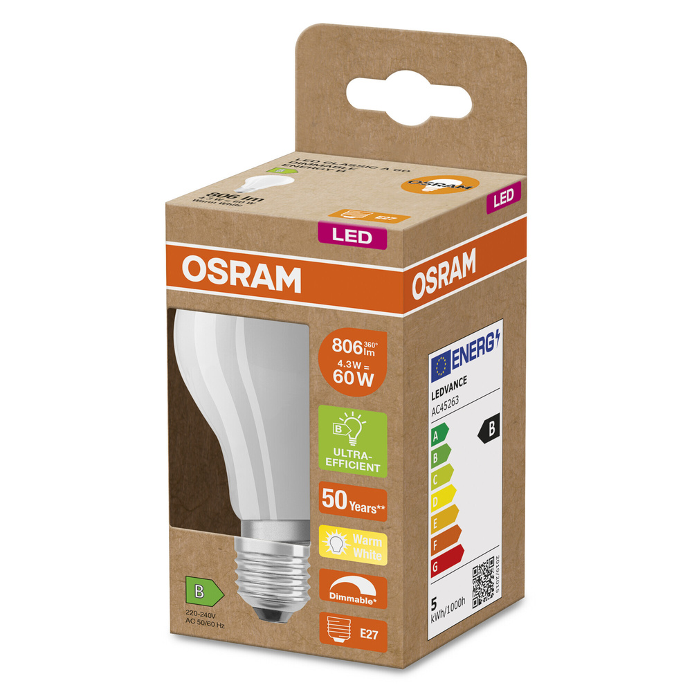 OSRAM Hocheffiziente 4,3-W-LED-Lampe SUPERSTAR+ E27, 806 lm, 2700 K, 187 lm/W, FR, EEK B, dimmbar