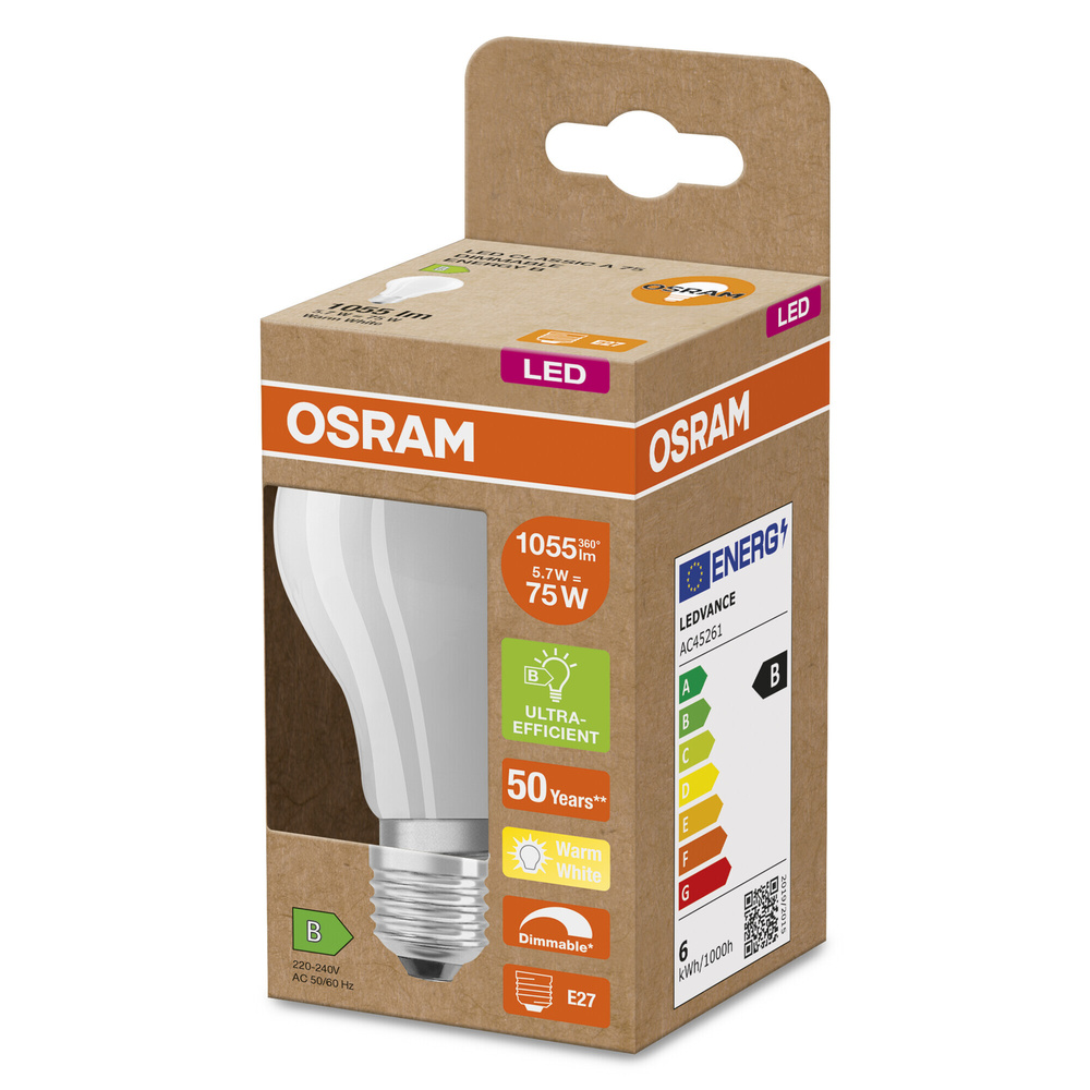 OSRAM Hocheffiziente 5,7-W-LED-Lampe SUPERSTAR+ E27, 1055 lm, 2700 K, 185 lm/W, FR, EEK B, dimmbar