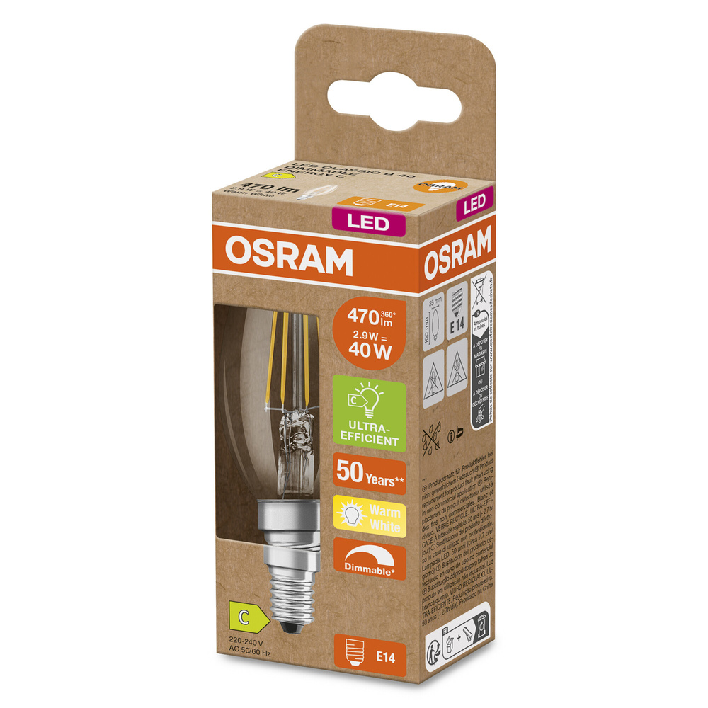 OSRAM Hocheffiziente 2,9-W-LED-Kerzenlampe SUPERSTAR+E14, 470 lm, WW, 162 lm/W, FIL, EEK C, dimmbar