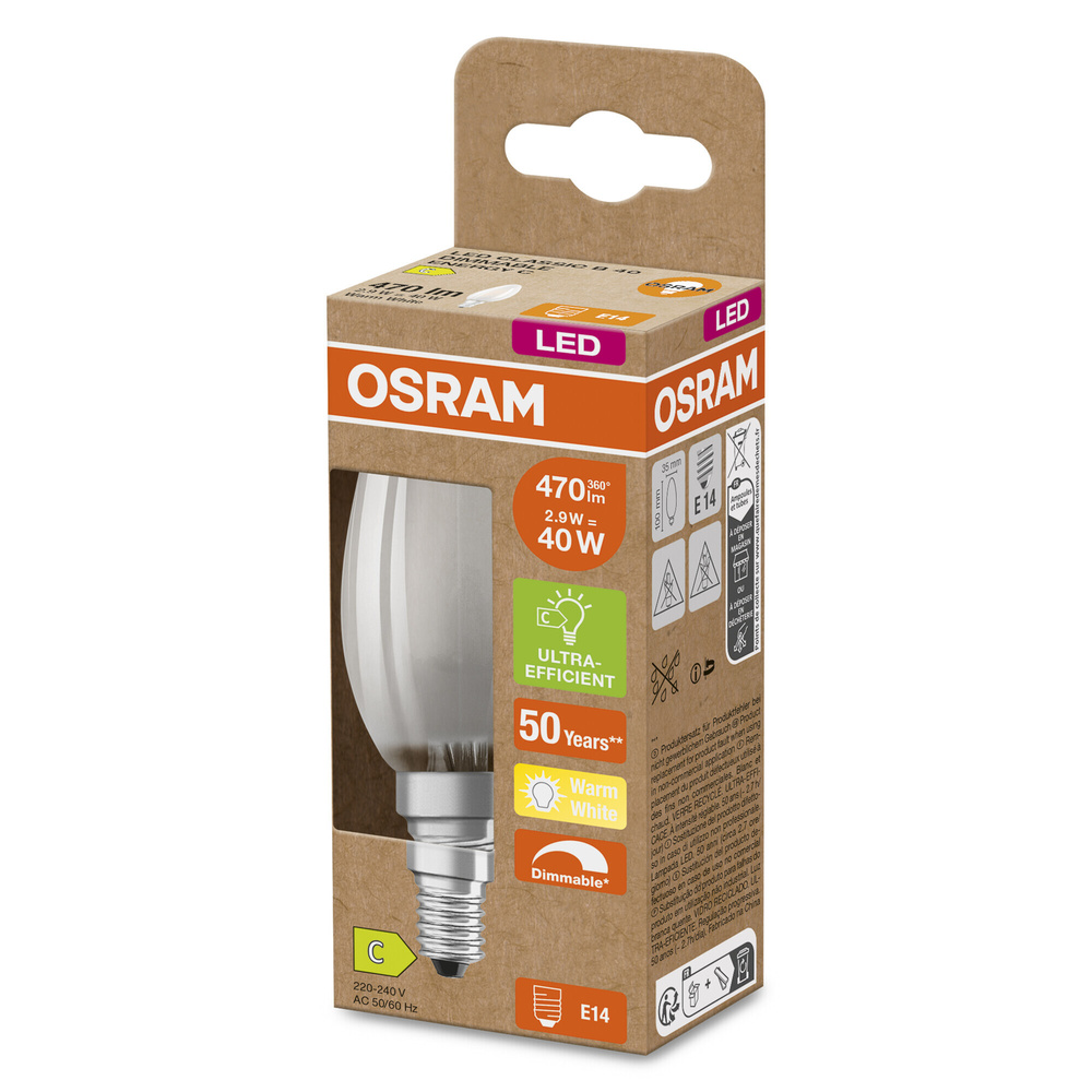 OSRAM Hocheffiziente 2,9-W-LED-Kerzenlampe SUPERSTAR+, E14, 470 lm, WW, 162 lm/W, FR, EEK C, dimmbar