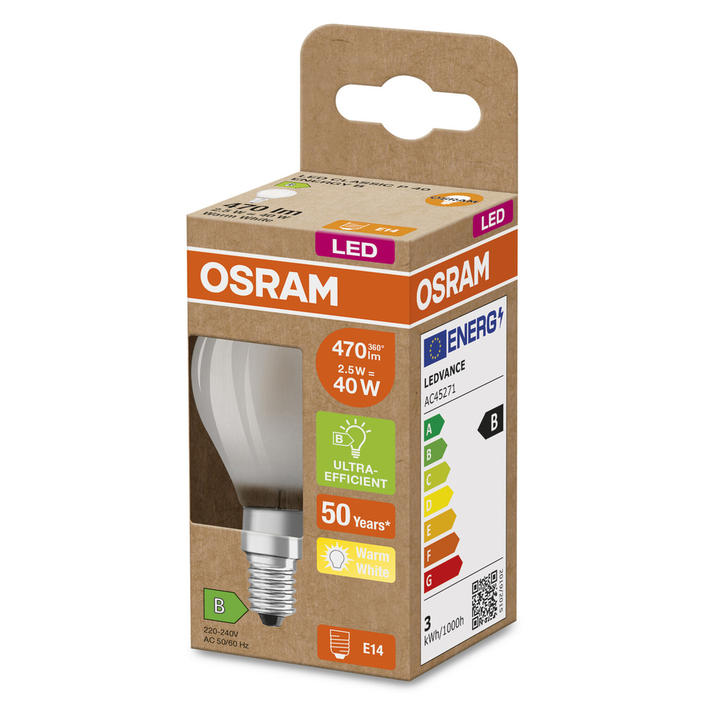 OSRAM Hocheffiziente 2,5-W-LED-Lampe STAR, E14, 470 lm, 2700 K, 188 lm/W, FR, EEK B