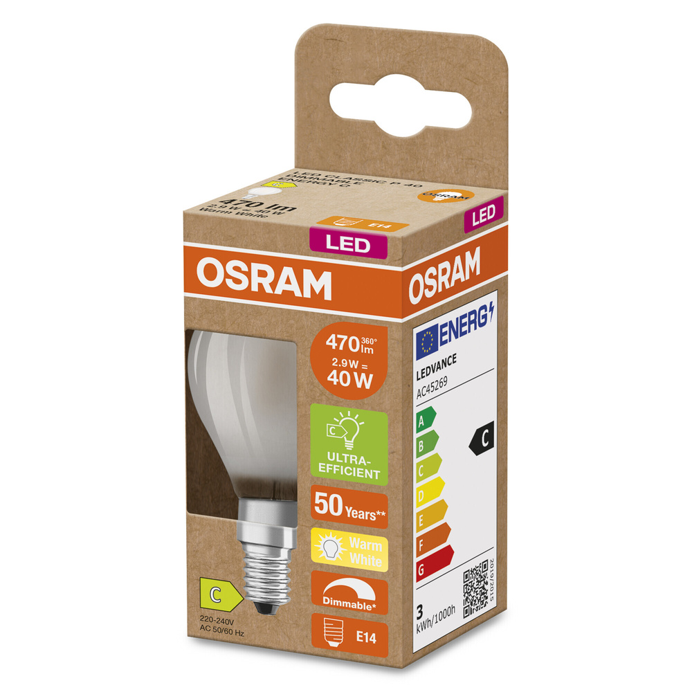 OSRAM Hocheffiziente 2,9-W-LED-Lampe SUPERSTAR+, E14, 470 lm, 2700 K, 162 lm/W, FR, EEK C, dimmbar