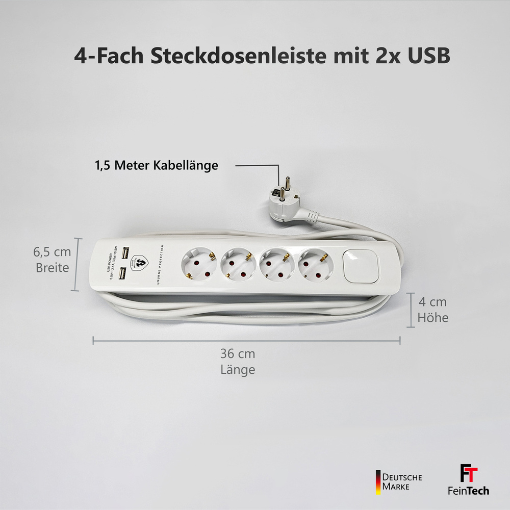 FeinTech 4-fach Steckdosenleiste mit Überspannungsschutz, 2x USB-A, Flachstecker, 1,5 m Kabel