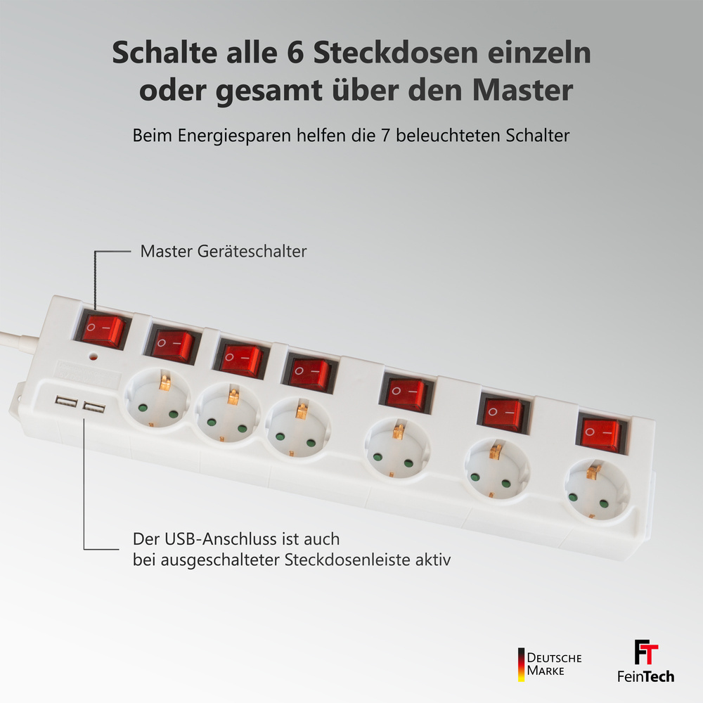 FeinTech 6-fach Steckdosenleiste mit Überspannungsschutz, einzeln schaltbar, 2x USB-A, 1,4 m Kabel