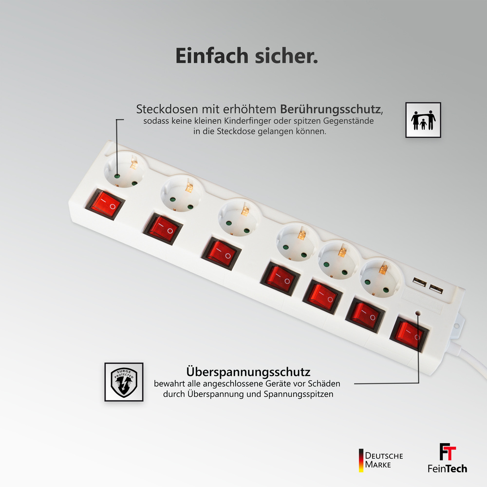 FeinTech 6-fach Steckdosenleiste mit Überspannungsschutz, einzeln schaltbar, 2x USB-A, 1,4 m Kabel